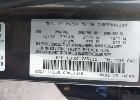 2013 Mazda Mazda3 I Touring from USA, damaged, VIN JM1BL1LP2D1765130